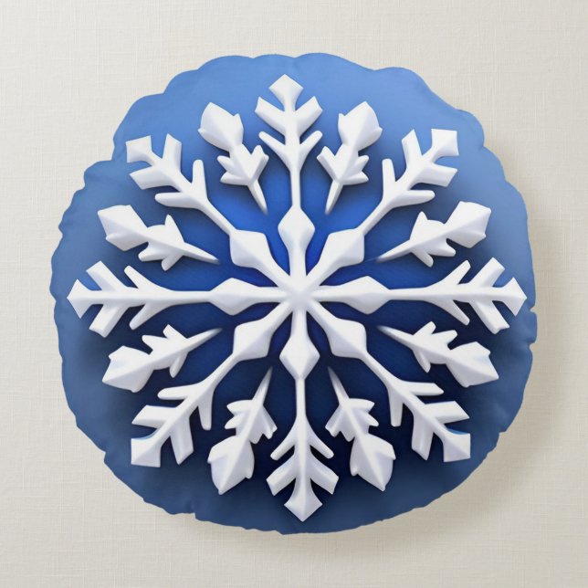 Detailed White Snowflake Design Round Pillow (Front)