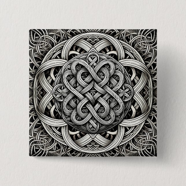 Detaillierte Schwarz-Weißer keltischer Knoten 0001 2 Inch Square Button (Front)