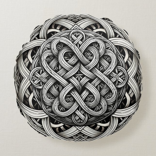 Detaillierte Schwarz-Weißer keltischer Knoten 0001 Round Pillow (Front)