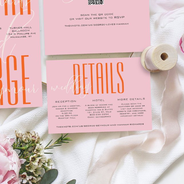 Détails de la Faire-part de mariage moderne rose e (Modern unique bold pink and orange typography simple colorful wedding invitation custom details card)