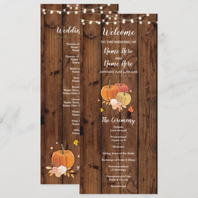 Détails de programme de mariage en bois de citroui (Devant / Derrière)
