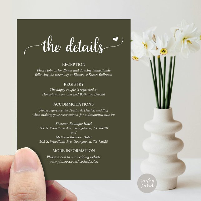 Détails du mariage, carte de boîtier de script rus (Wedding Details, Rustic Script Enclosure Card, in Olive Green)