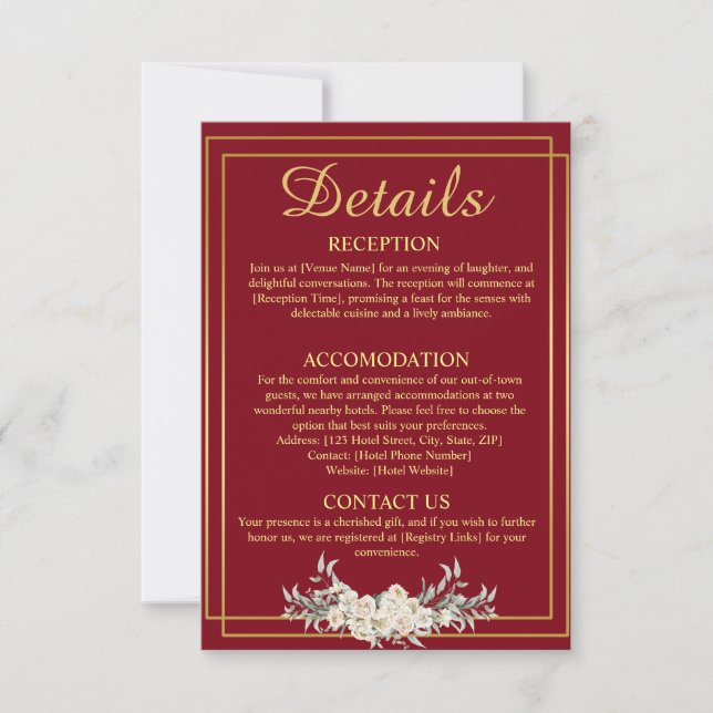 Détails du Mariage Maroon et Gold Carte de boîtier (Devant)