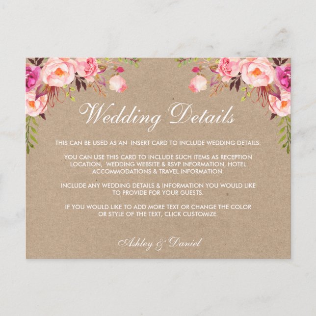Détails du Mariage rose Kraft Insérer une carte (Devant)