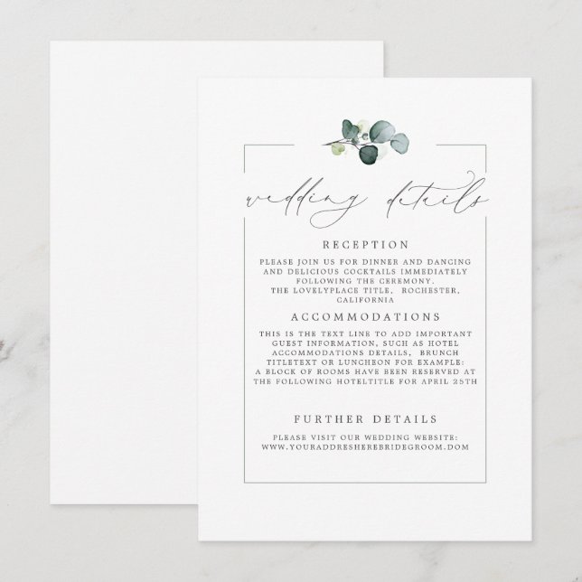 Détails mariage Eucalyptus Green Carte moderne (Devant / Derrière)