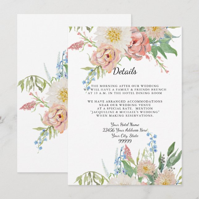 Details n Hotel Blush Pink Blue n White Floral Invitation (Front/Back)