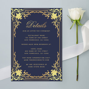 Details Navy Blue Elegant Ornate Faux Gold Wedding Enclosure Card