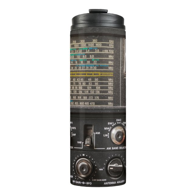 Details of an old am radio receiver thermal tumbler (Front)