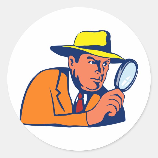 detective looking with magnifying glass classic round sticker (Front)