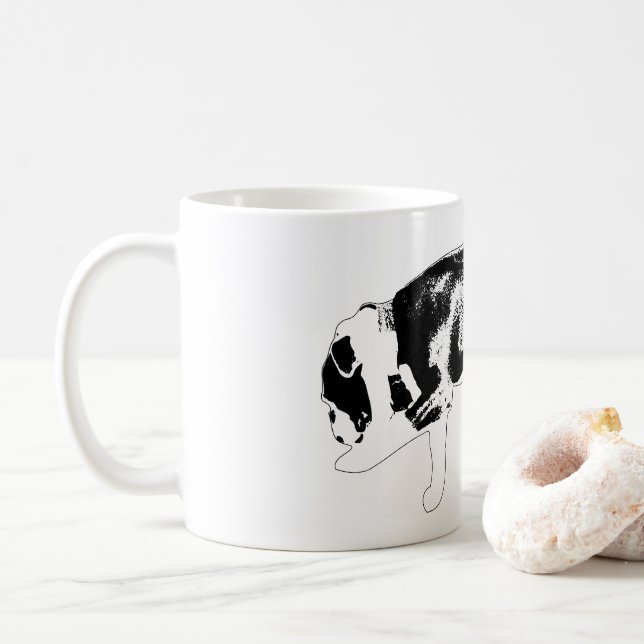 Determined Bulldog Walk Black and White Artwork Coffee Mug (With Donut)