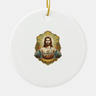 Determined Jesus Heavy Iron Barbell Powerlifting G Ceramic Ornament