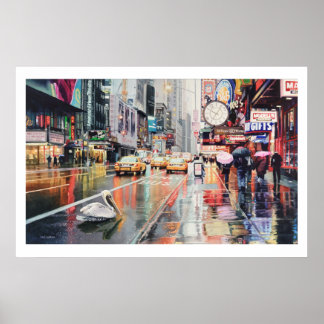 "Detour" Pelican in New York Watercolor Poster