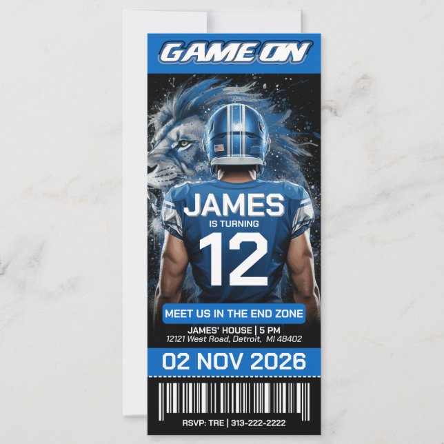 Detroit Football Ticket Birthday Invitation (Front)