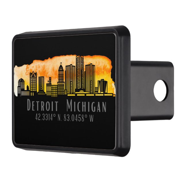 Detroit MI Skyline Latitude and Longitude  Trailer Hitch Cover (Left)