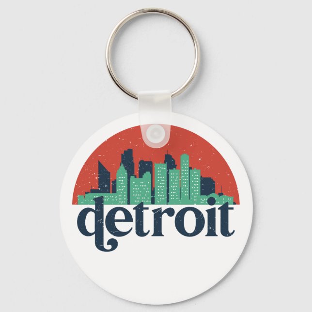 Detroit Michigan City Skyline Retro Cityscape Art Keychain (Front)