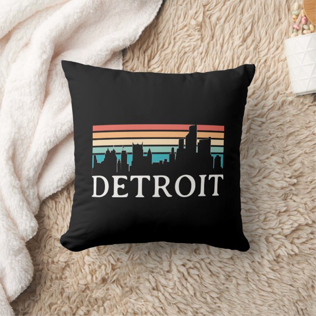 Detroit Michigan Retro Vintage Sunset Skyline Throw Pillow (Blanket)