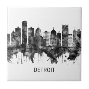 Detroit Michigan Skyline BW Tile
