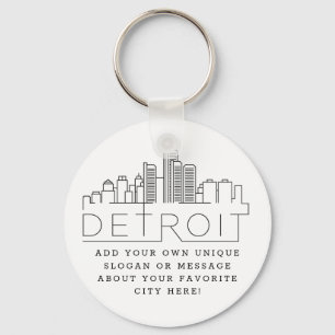 Detroit, Michigan Stylized Skyline   Custom Slogan Keychain