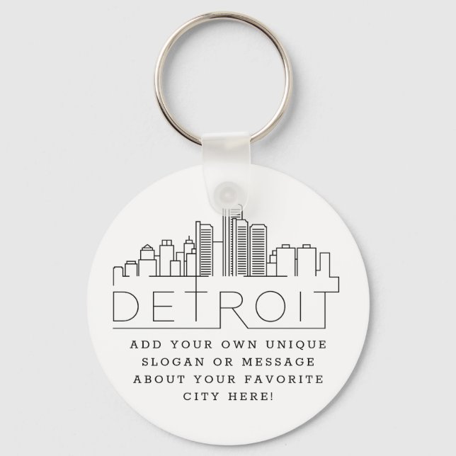 Detroit, Michigan Stylized Skyline | Custom Slogan Keychain (Front)