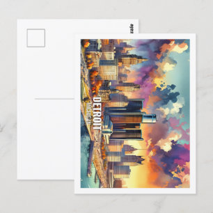 Detroit Michigan USA Famous Place watercolor Postcard