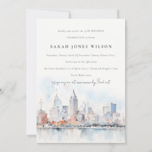 Detroit Michigan Watercolor Landscape Birthday Invitation