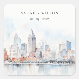 Detroit Michigan Watercolor Landscape Wedding Square Sticker
