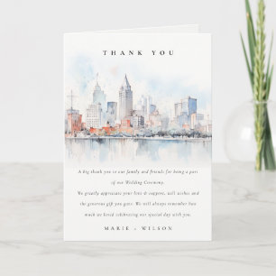 Detroit Michigan Watercolor Landscape Wedding Thank You Card