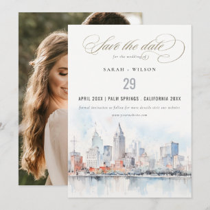 Detroit Michigan Watercolor Scape Photo Wedding Save The Date
