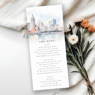Detroit Michigan Watercolor Scape Wedding Menu Invitation