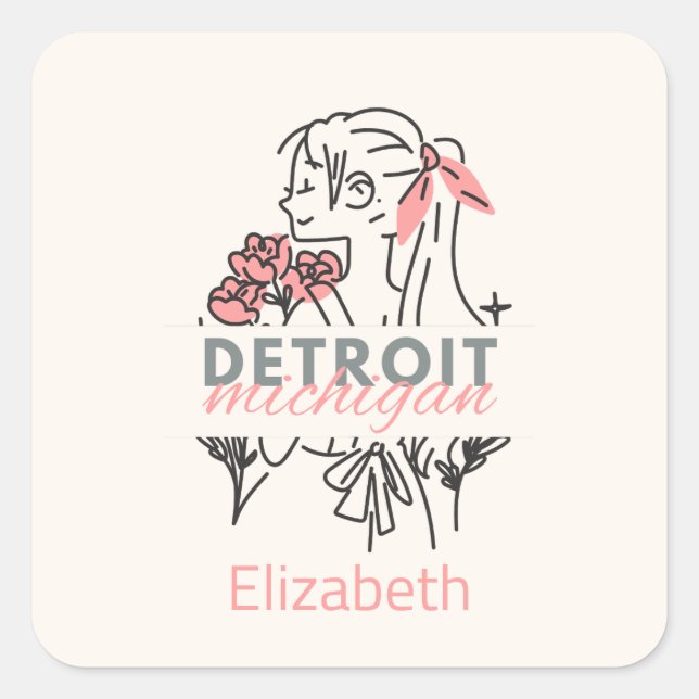 Detroit Pink Flowers Custom Square Sticker (Front)