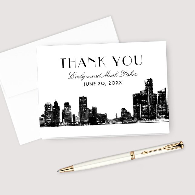 Detroit Skyline Art Deco Wedding Monogram Thank You Card (Creator Uploaded)