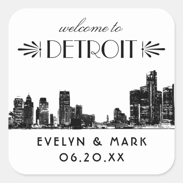 Detroit Skyline Black Art Deco Wedding Welcome Square Sticker (Front)