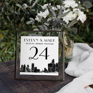Detroit Skyline Black White Wedding Table Number