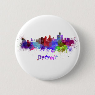 Detroit skyline in watercolor 2 inch round button
