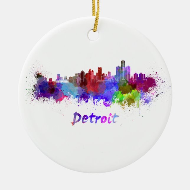 Detroit skyline in watercolor ceramic ornament (Front)