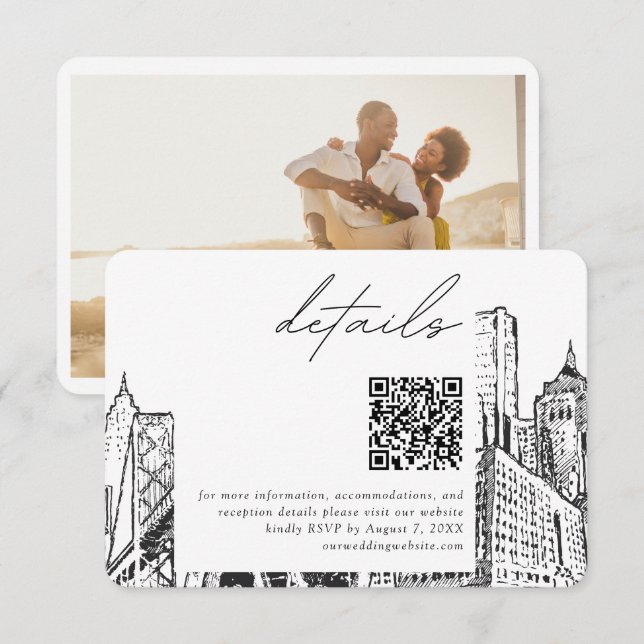 Detroit Skyline Small Wedding Details QR Code RSVP Enclosure Card (Front/Back)