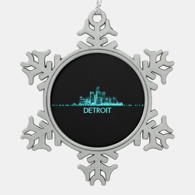 Detroit Skyline Snowflake Pewter Christmas Ornament (Front)