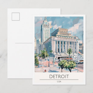 Detroit USA Vintage Art Illustration Travel Postcard