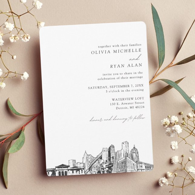 Detroit Wedding Custom Skyline Sketch Invitation (Detroit Wedding Custom Skyline Sketch Invitation)