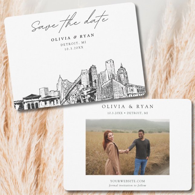 Detroit Wedding Downtown Skyline Save the Date  Invitation (Detroit Wedding Save the Date with Engagement Photo and Minimalist Black and White Skyline Sketch)
