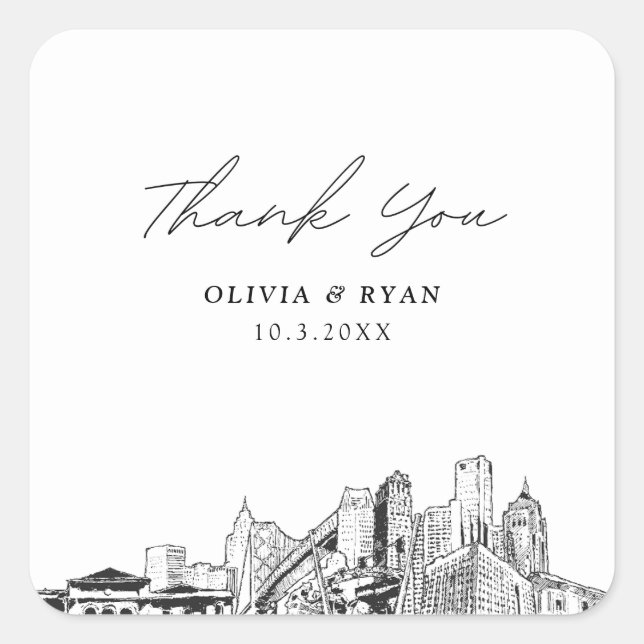 Detroit Wedding Skyline Favour Thank You Square Sticker (Front)
