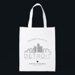 Detroit Wedding | Stylized Skyline Reusable Grocery Bag<br><div class="desc">A unique wedding bag for a wedding taking place in the beautiful city of Detroit.  This bag features a stylized illustration of the city's unique skyline with its name underneath.  This is followed by your wedding day information in a matching open lined style.</div>