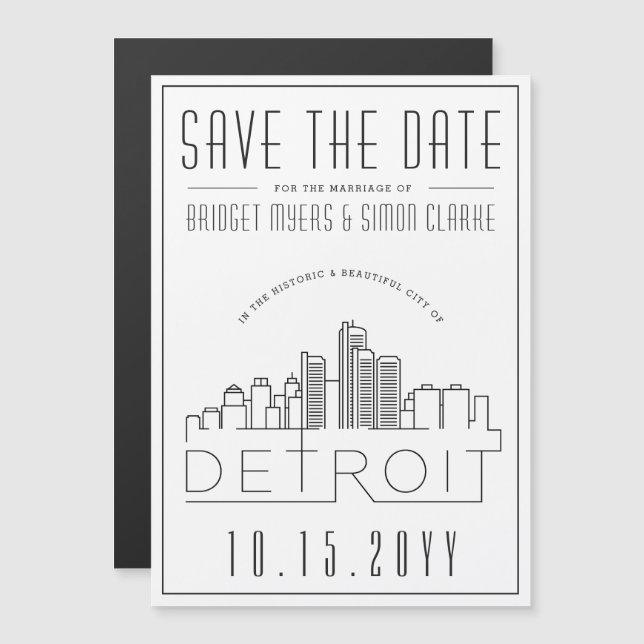 Detroit Wedding | Stylized Skyline Save the Date Magnetic Invitation (Front/Back)