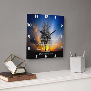 Deuteronomy 31:8 tree in a field with blue sky  square wall clock