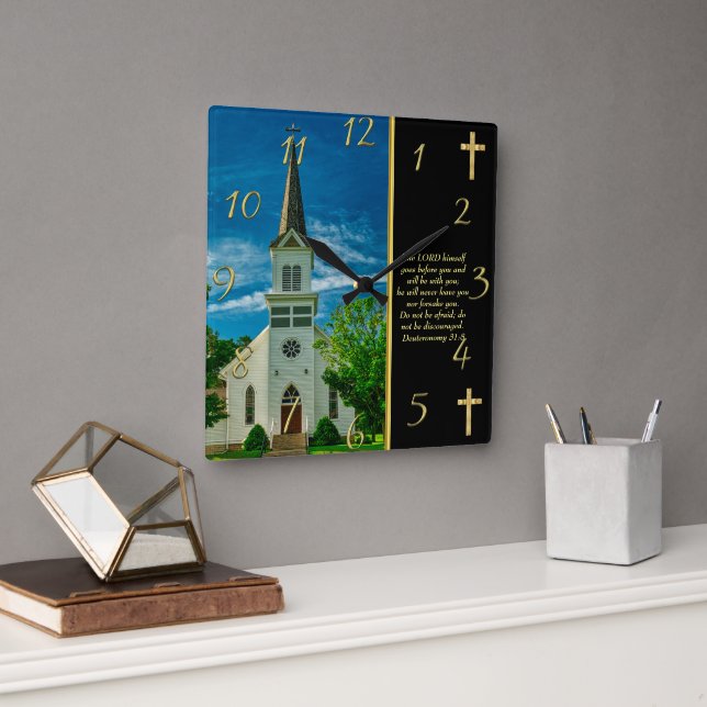  Deuteronomy 31:8 White Church    Square Wall Clock (Office)