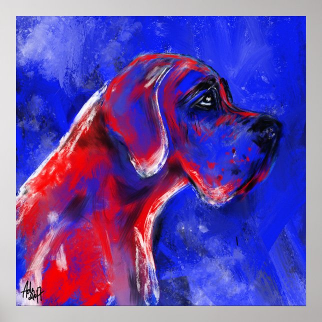 Deutsche Dogge Gemälde rot blaut Poster (Front)