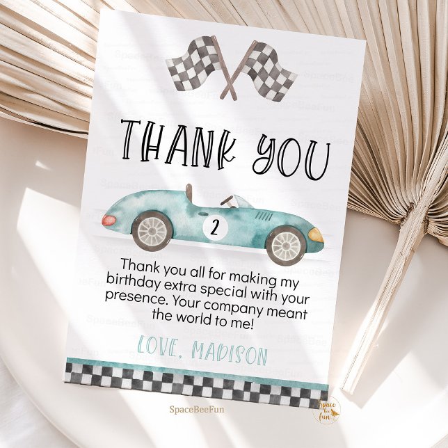 Deux cartes de remerciement d'anniversaire rapides (two fast 2nd,thank you card,birthday invitation,race car 2nd birthday invites,vintage race car invit)