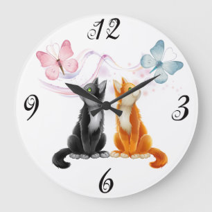 Deux chats et papillons Horloge murale