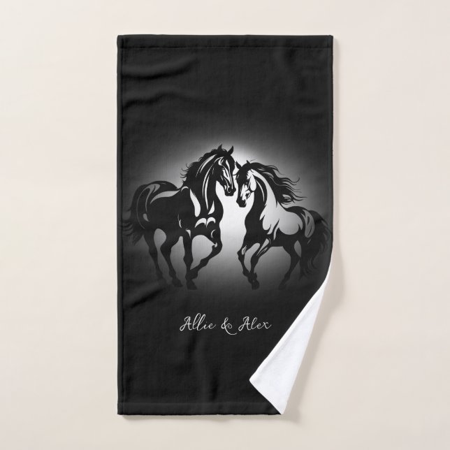 Deux chevaux en amour noir blanc cheval couple amo (Serviette à main)