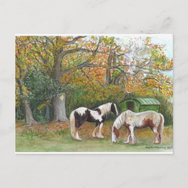 Deux chevaux et un wagon gitan - Carte postale (Devant)